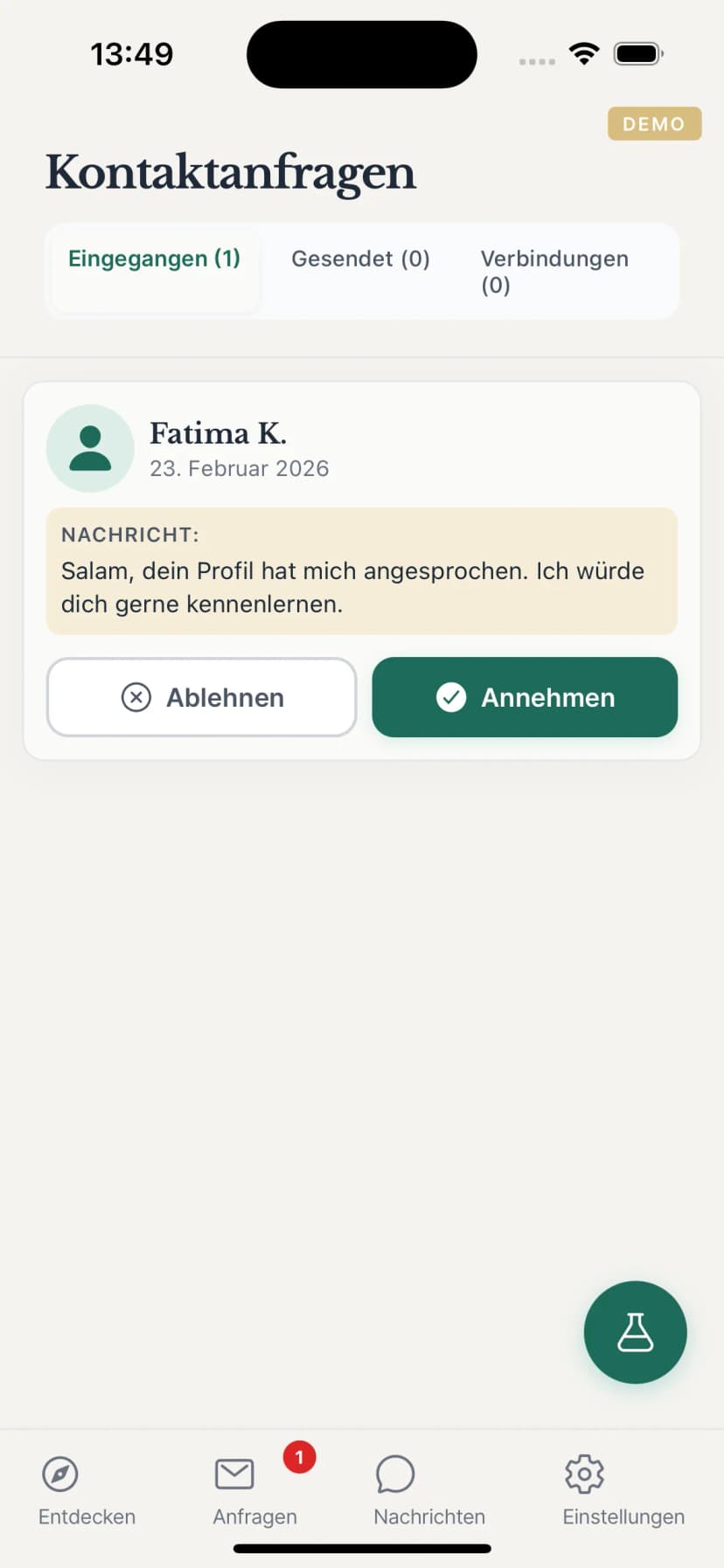 Niya App – Kontaktanfrage senden und Interesse an einem Profil zeigen