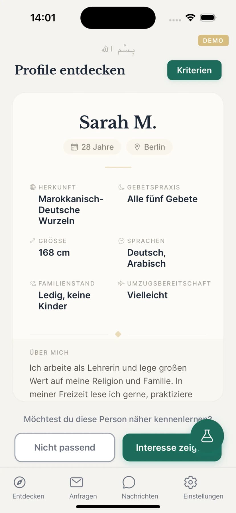 Niya App – Profilansicht mit Herkunft, Sprachen, Werten und persönlicher Beschreibung